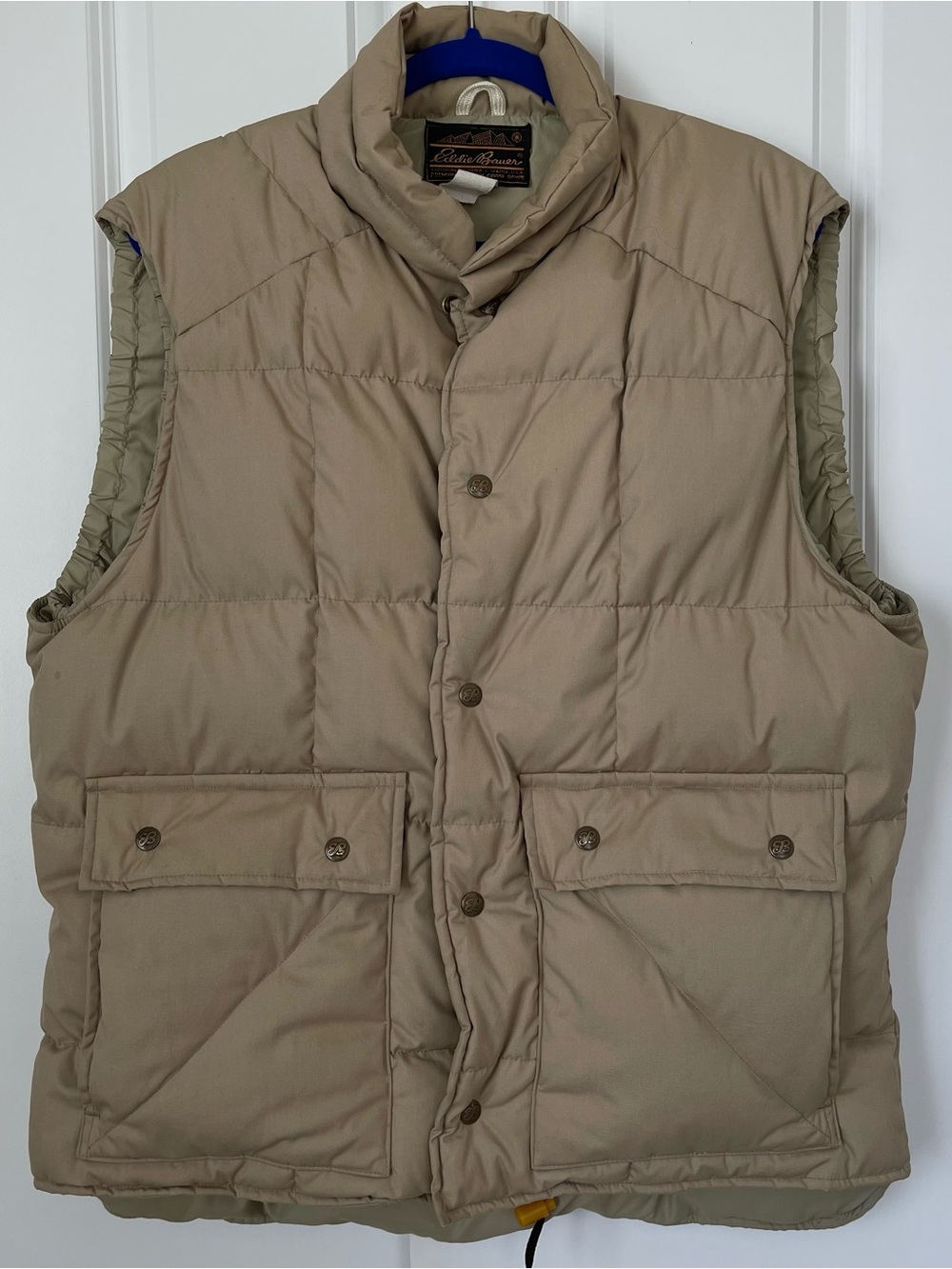 VTG Eddie Bauer Goose Down Vest Large USA Tan Expedition 70s 80s Brass Buttons